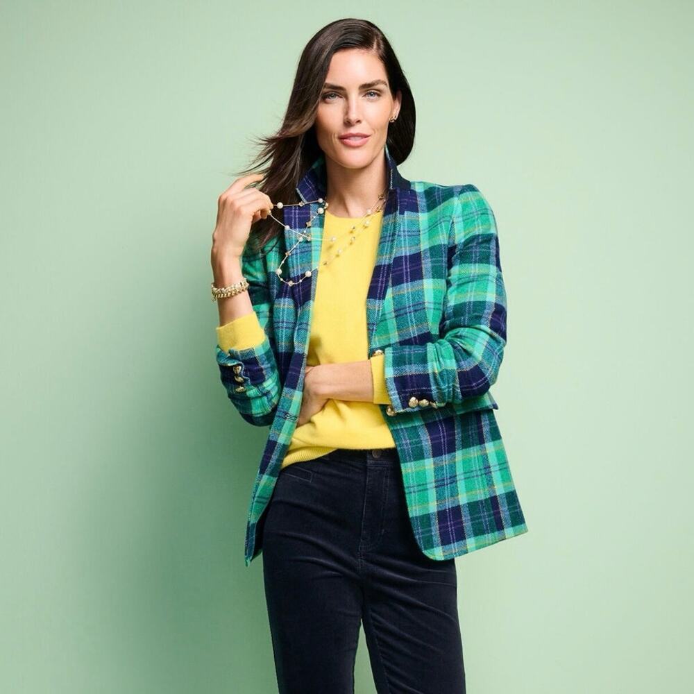 Talbots Classic Preppy Shetland Wool Blazer Aspen Plaid Tartan Turquoise Blue 8